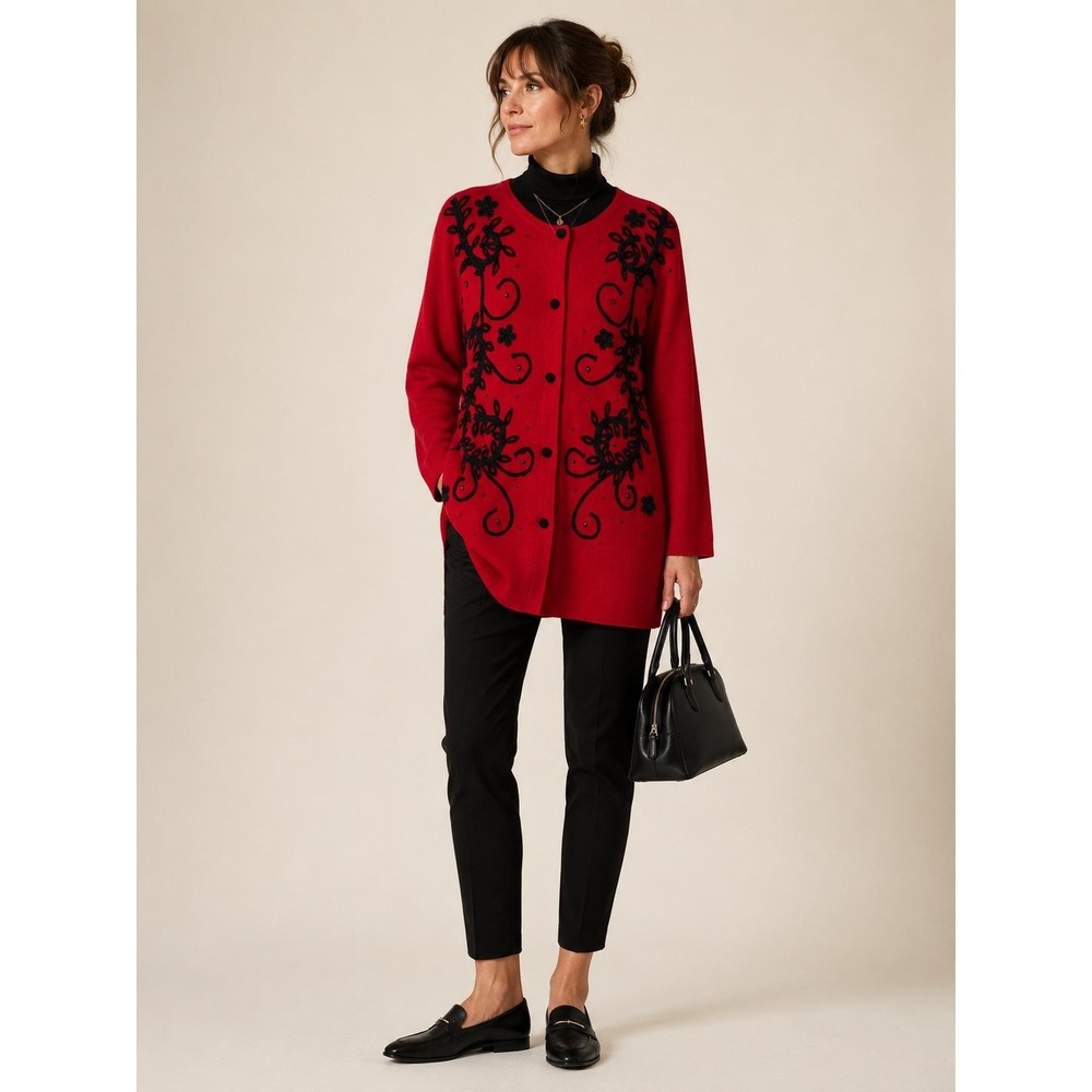 Vintage Jon Lawrence Wool Cardigan Red Black Embellished Wearable Art